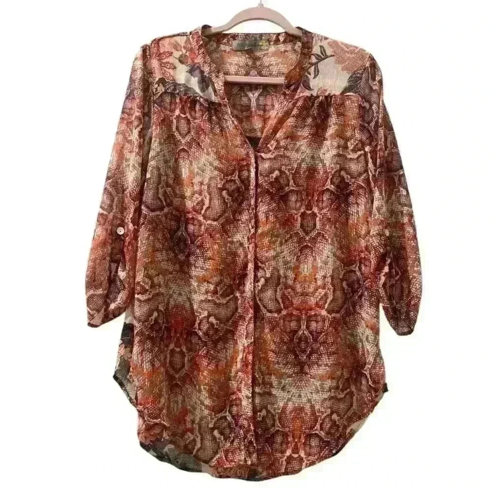 Anthropologie Fig & Flower Sheer Floral Button Up Shirt Blouse Top Size Large
